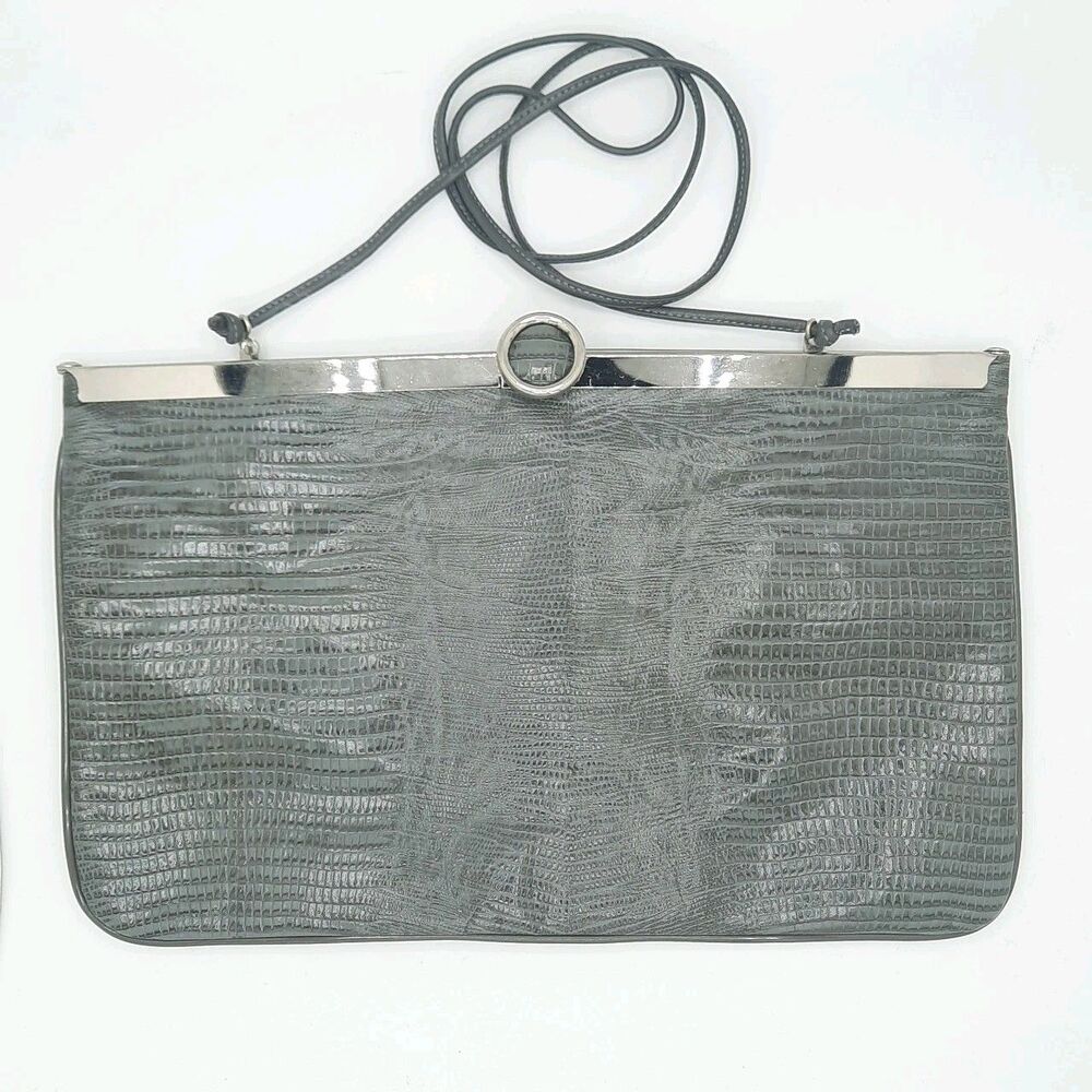 Vintage Robert Bestien Gray Lizard Embossed Clutch 60s 70s Retro MCM Metal Frame